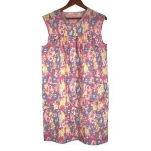 Vintage Pink Floral Snap Front House Dress Sleeveless Pockets Sz L Grandmacore
